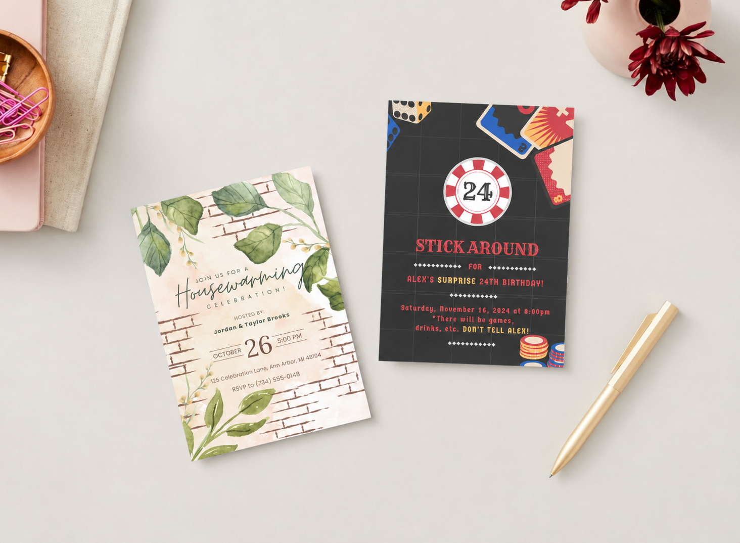 Custom housewarming and birthday invitation designs with fictional sample details