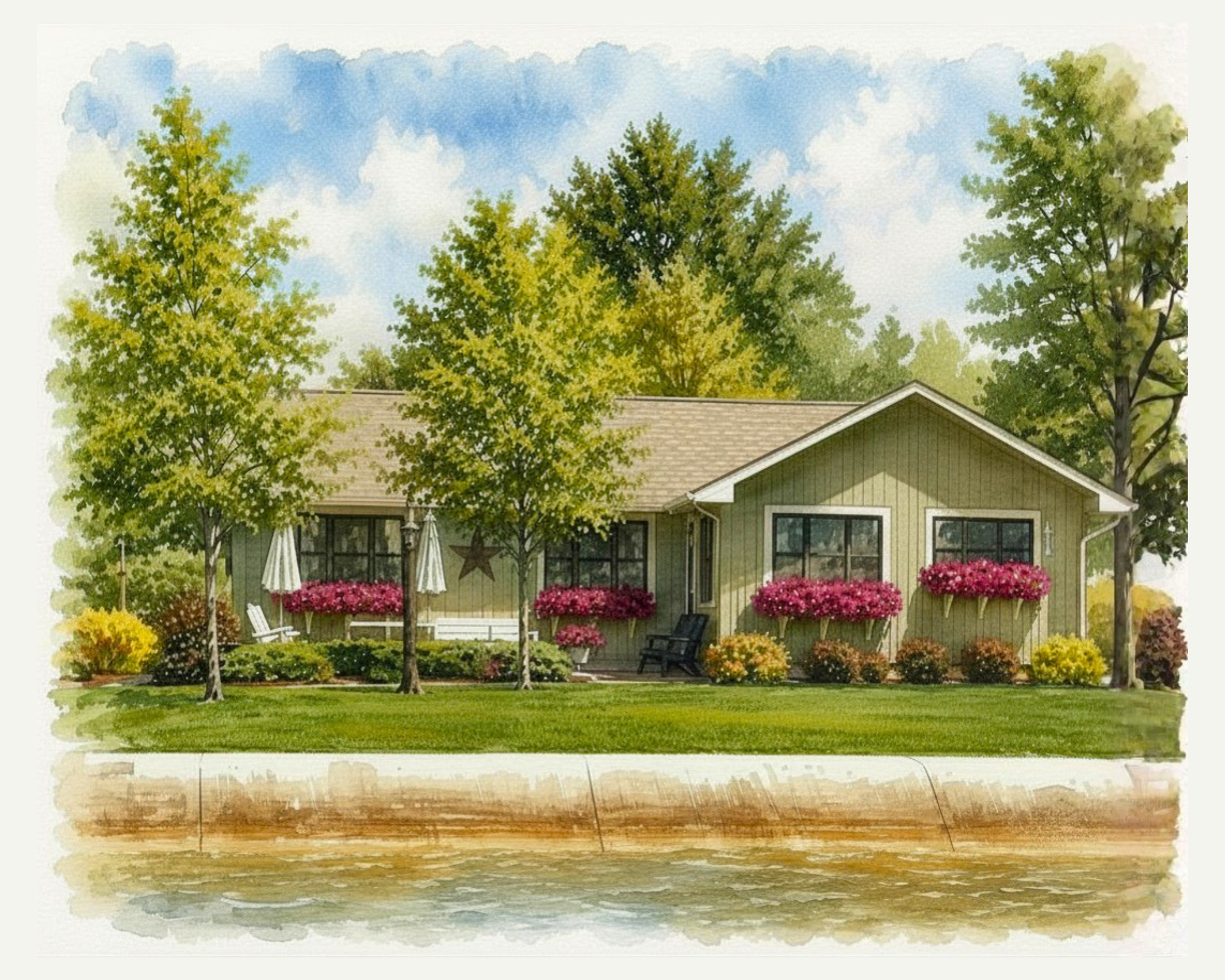 Green lake house in a watercolor portrait