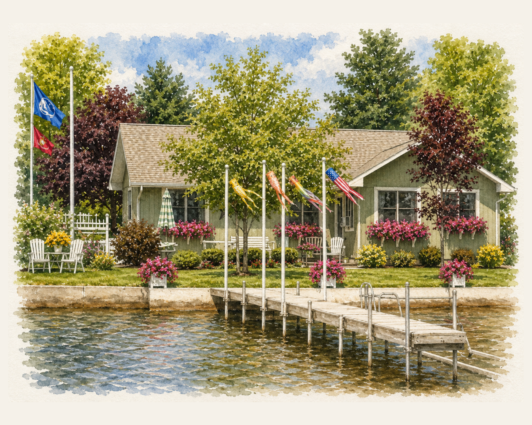 Custom watercolor portrait of a welcoming lake house with a dock