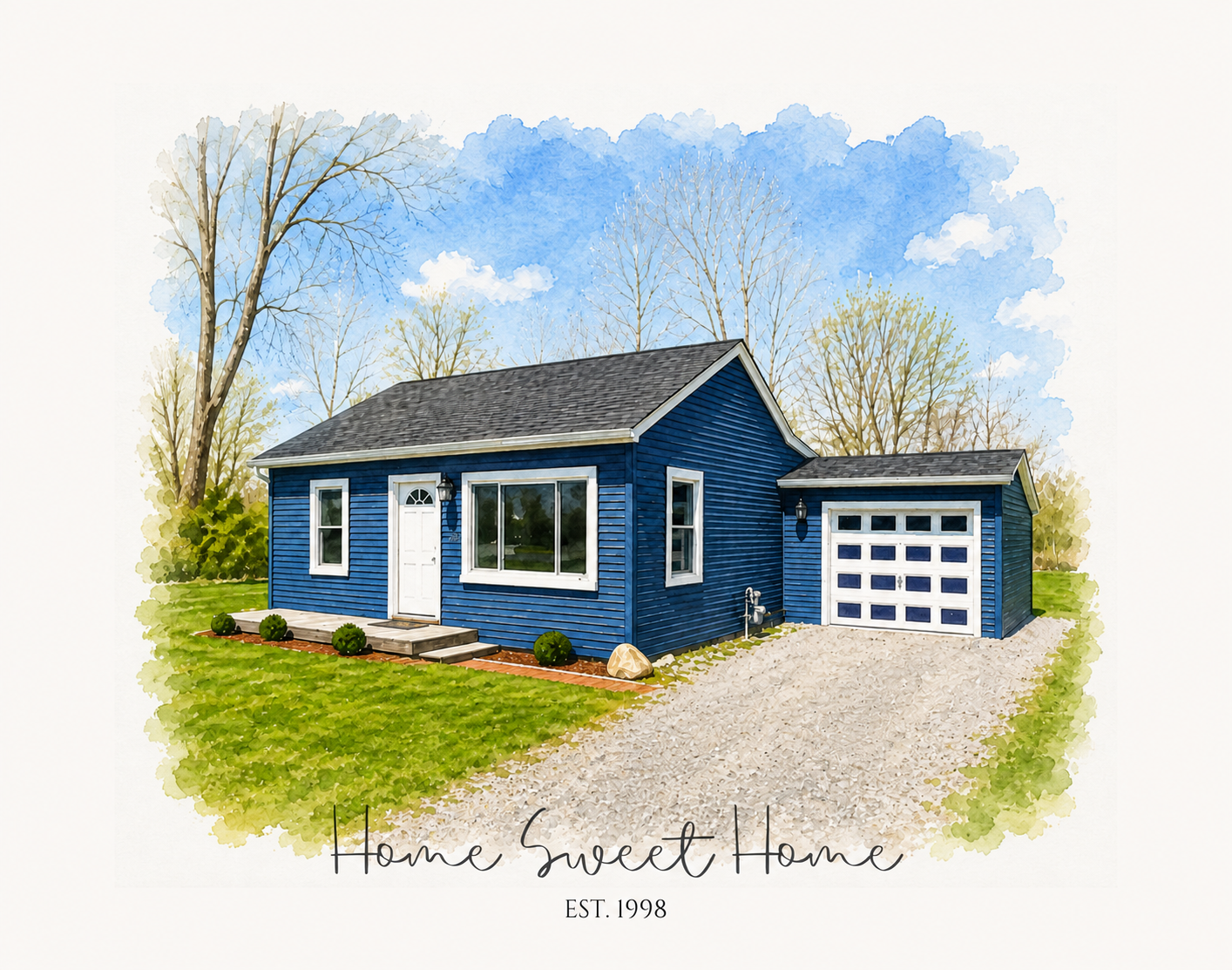 Blue gabled home with custom established date
