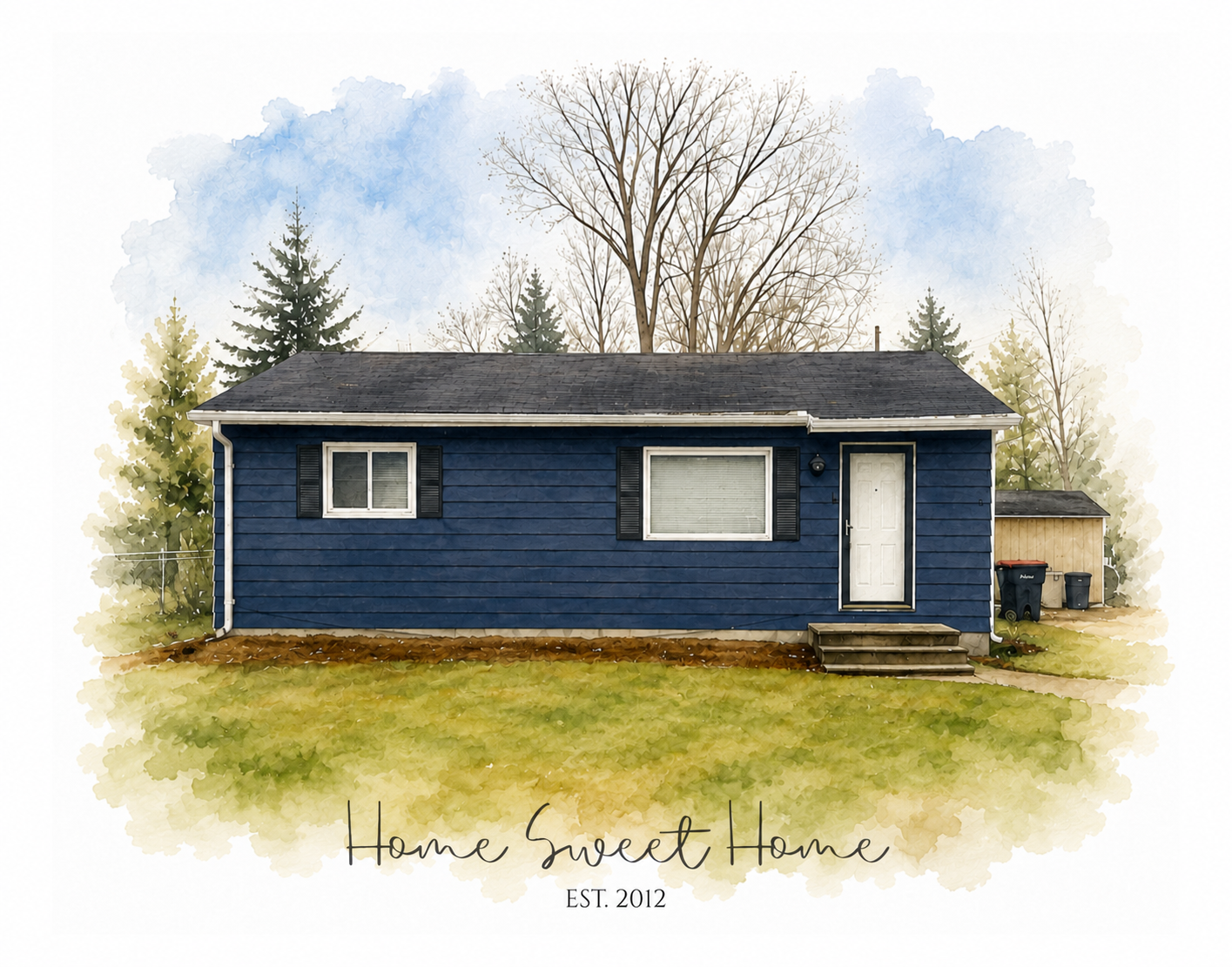 Blue ranch home with Home Sweet Home lettering